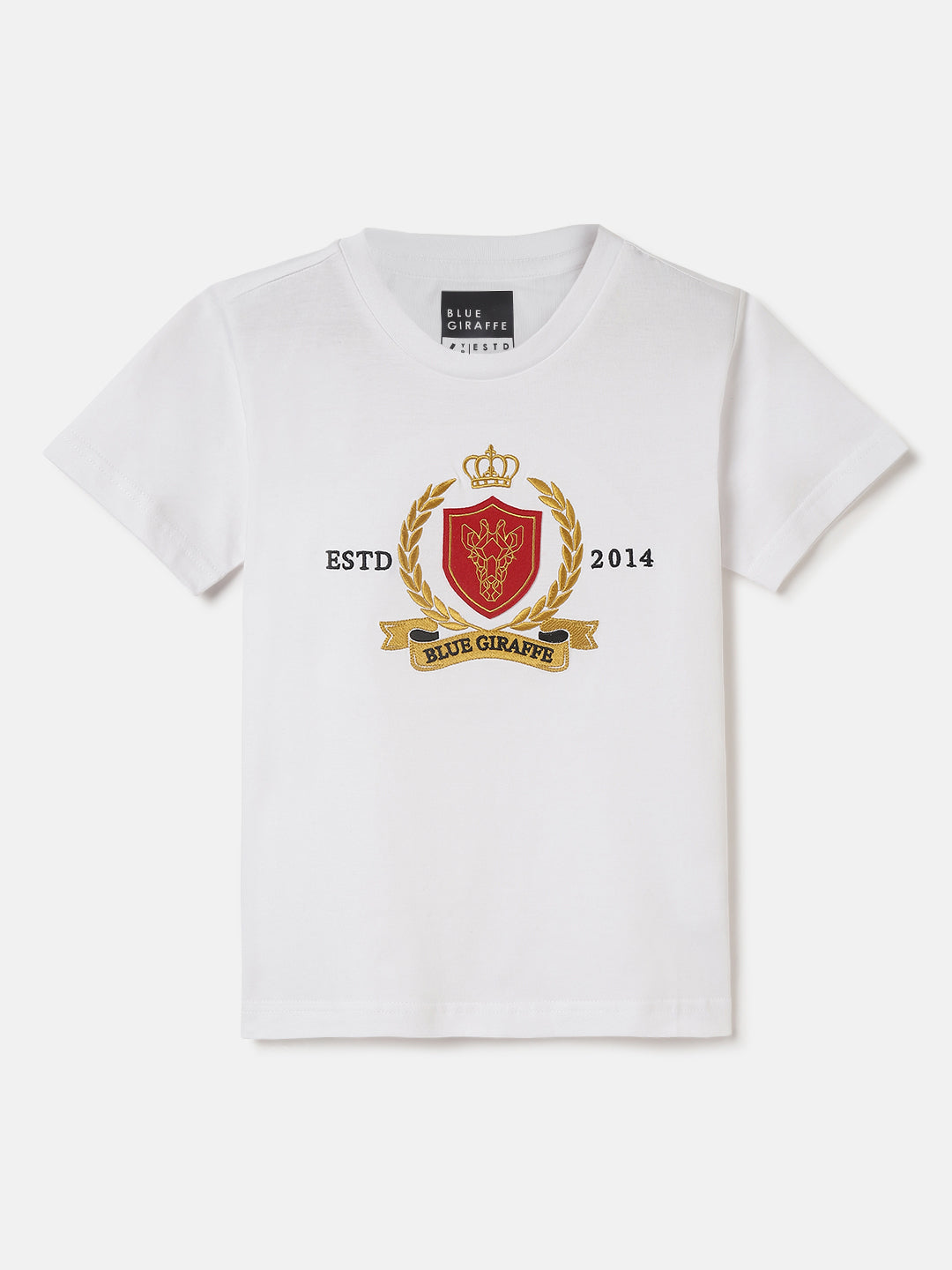 Blue Giraffe Boys White Embroidered Round Neck Short Sleeves Tshirt