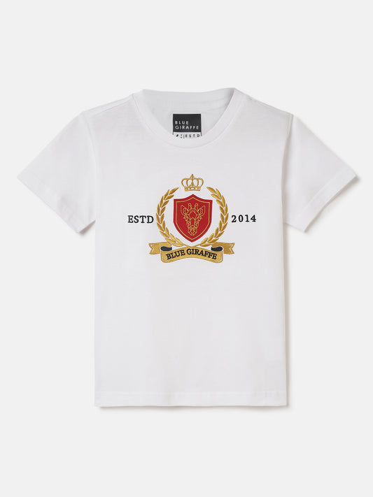 Blue Giraffe Boys White Embroidered Round Neck Short Sleeves Tshirt