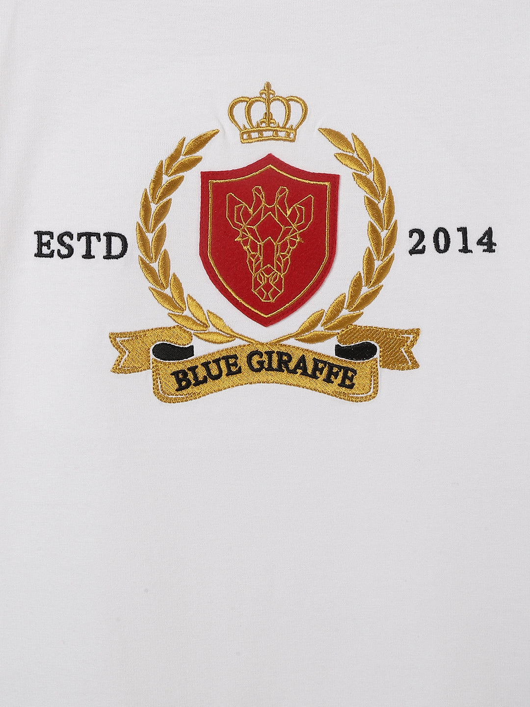 Blue Giraffe Boys White Embroidered Round Neck Short Sleeves Tshirt