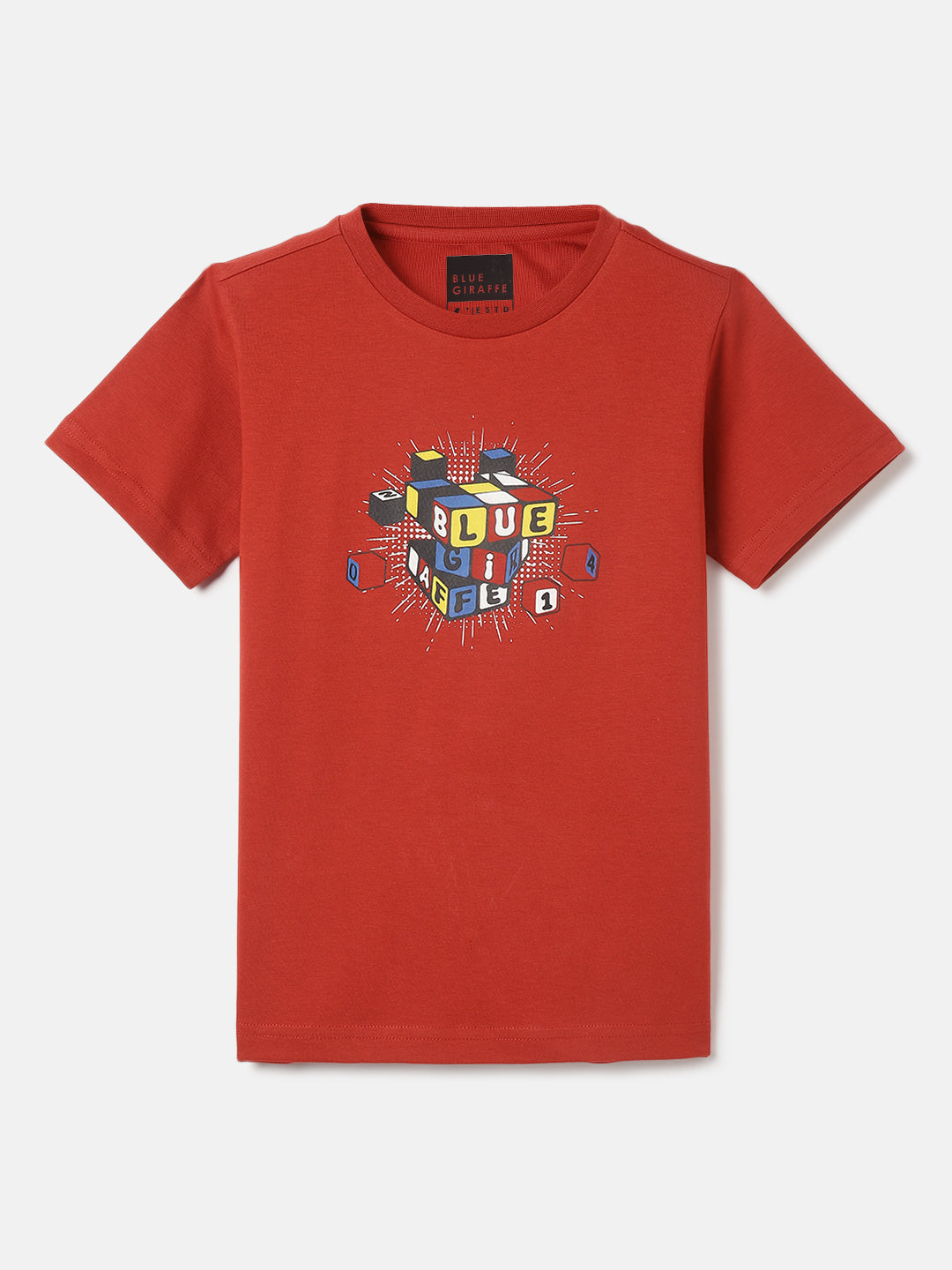 Blue Giraffe Boys Red Printed Round Neck Short Sleeves Tshirt