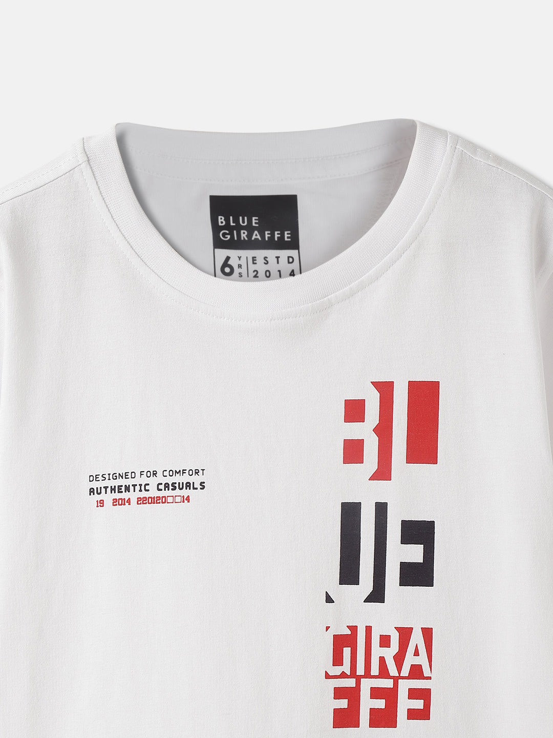 Blue Giraffe Boys White Printed Round Neck Short Sleeves Tshirt