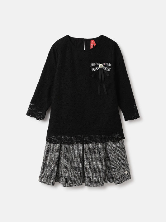 Blue Giraffe Girls Black Jacquard Round Neck Dress