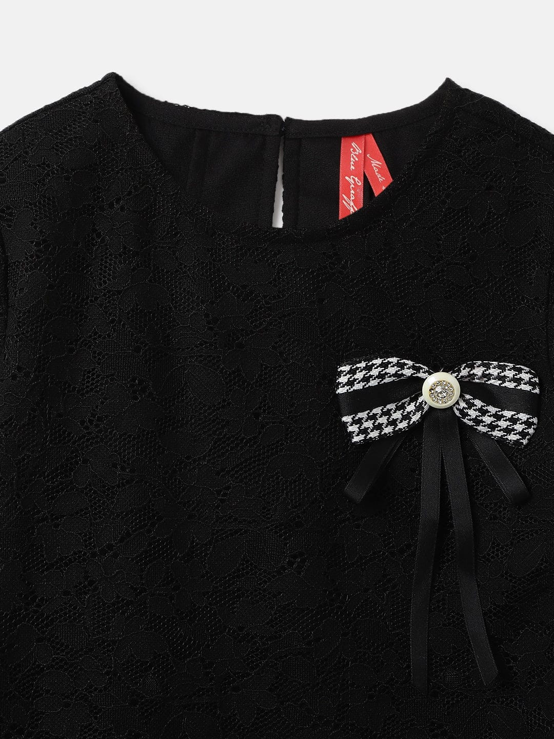 Blue Giraffe Girls Black Jacquard Round Neck Dress