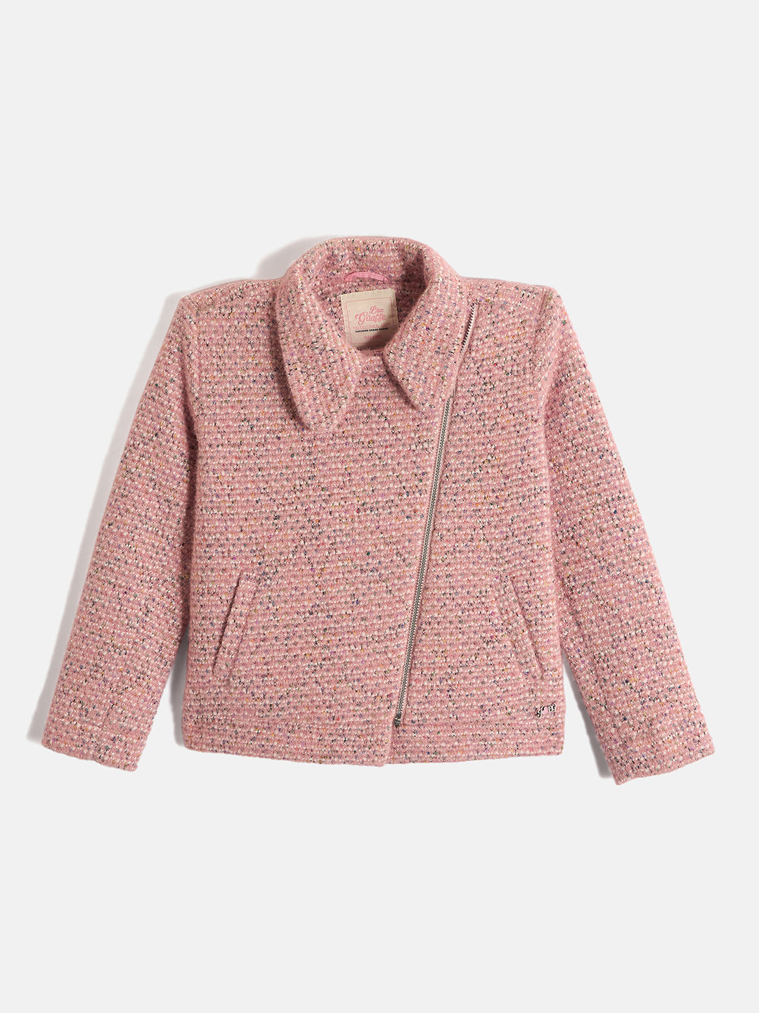 Blue Giraffe Girls Pink Self Design Spread Collar Full Sleeves Tweed Jacket