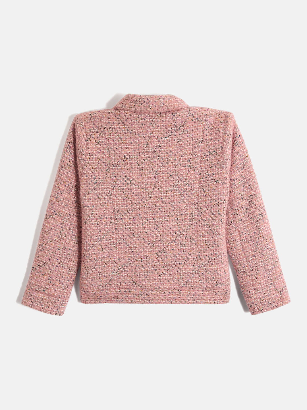 Blue Giraffe Girls Pink Self Design Spread Collar Full Sleeves Tweed Jacket