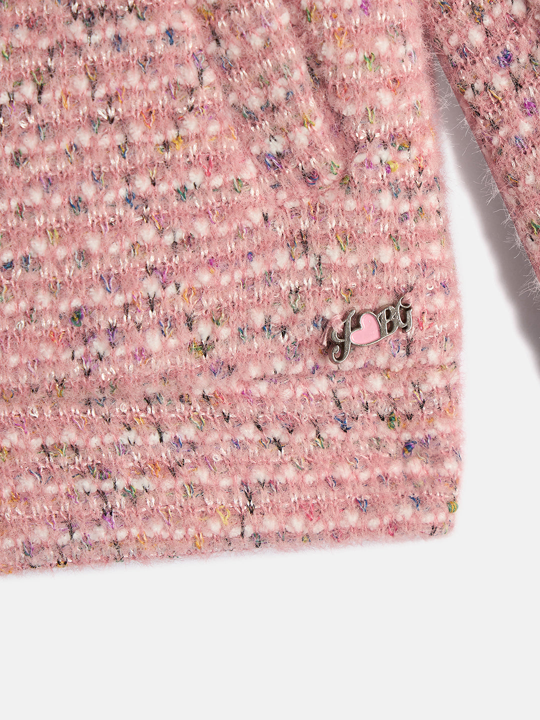 Blue Giraffe Girls Pink Self Design Spread Collar Full Sleeves Tweed Jacket