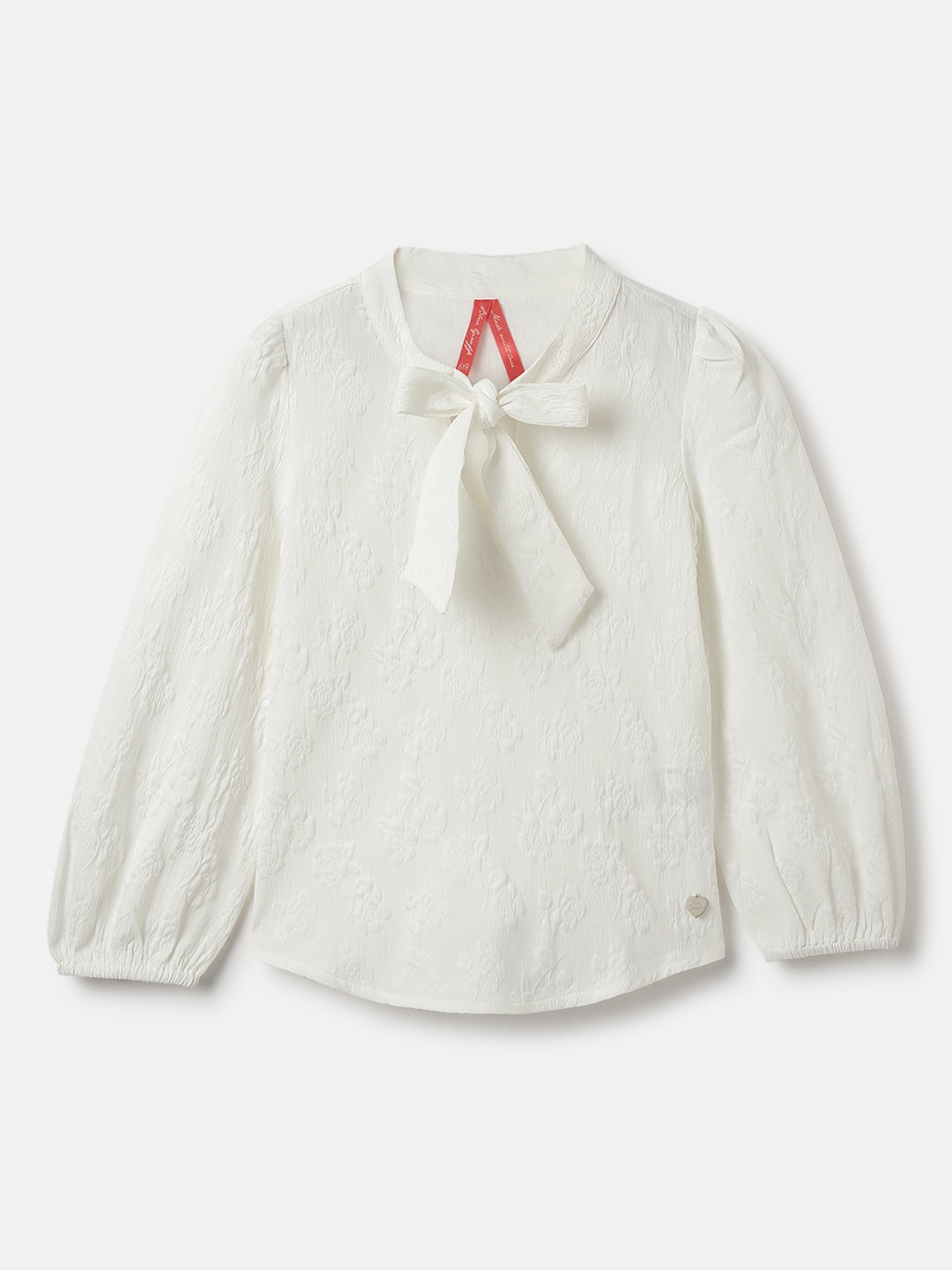 Blue Giraffe Girls White Solid Tie-Up Neck Full Sleeves Top