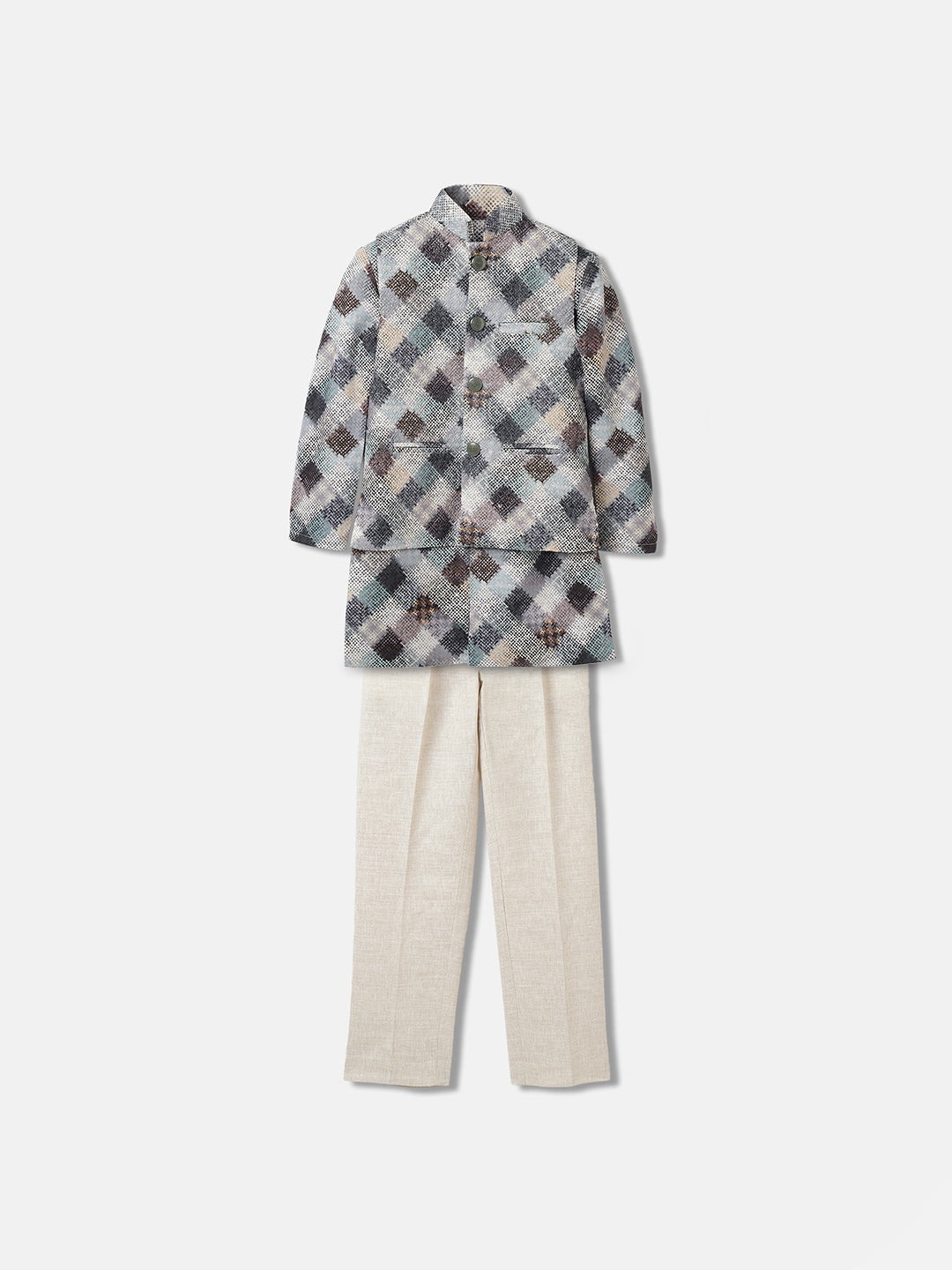 Blue Giraffe Boys Multi Printed Mandarin Collar Full Sleeves 3 Pcs Bandi Set