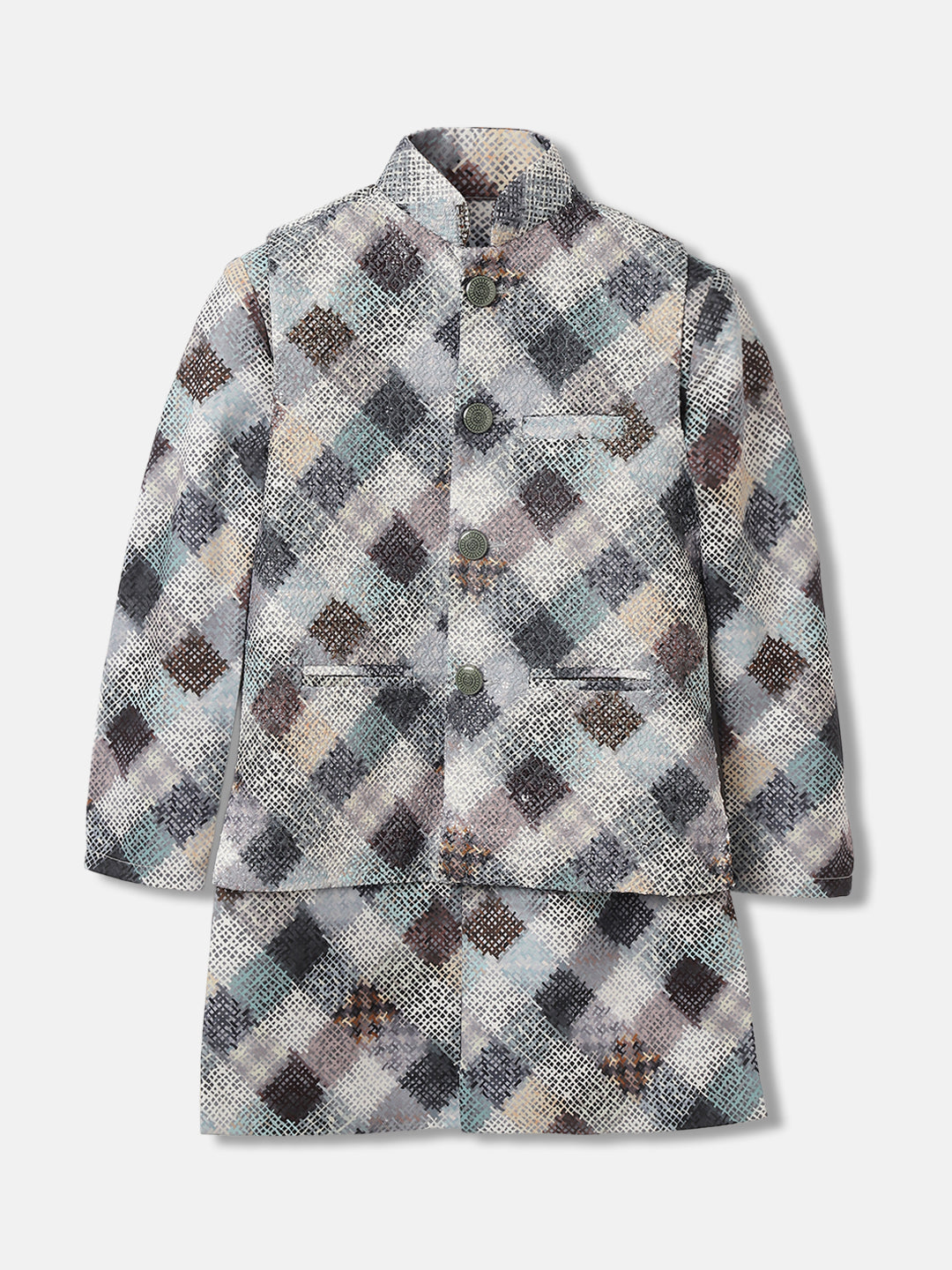 Blue Giraffe Boys Multi Printed Mandarin Collar Full Sleeves 3 Pcs Bandi Set