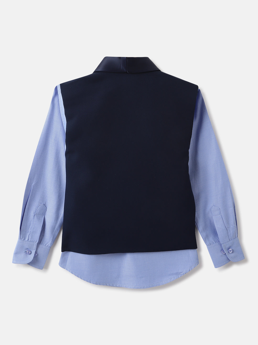 Blue Giraffe Boys Blue Solid Waistcoat: Shawl Collar, Shirt- Spread Collar Waistcoat: Sleeveless, Shirt- Full Sleeves Waist Coat Set