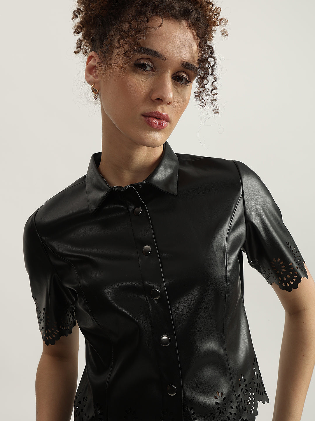 Centrestage Women Black Solid Spread Collar Short Sleeves Top