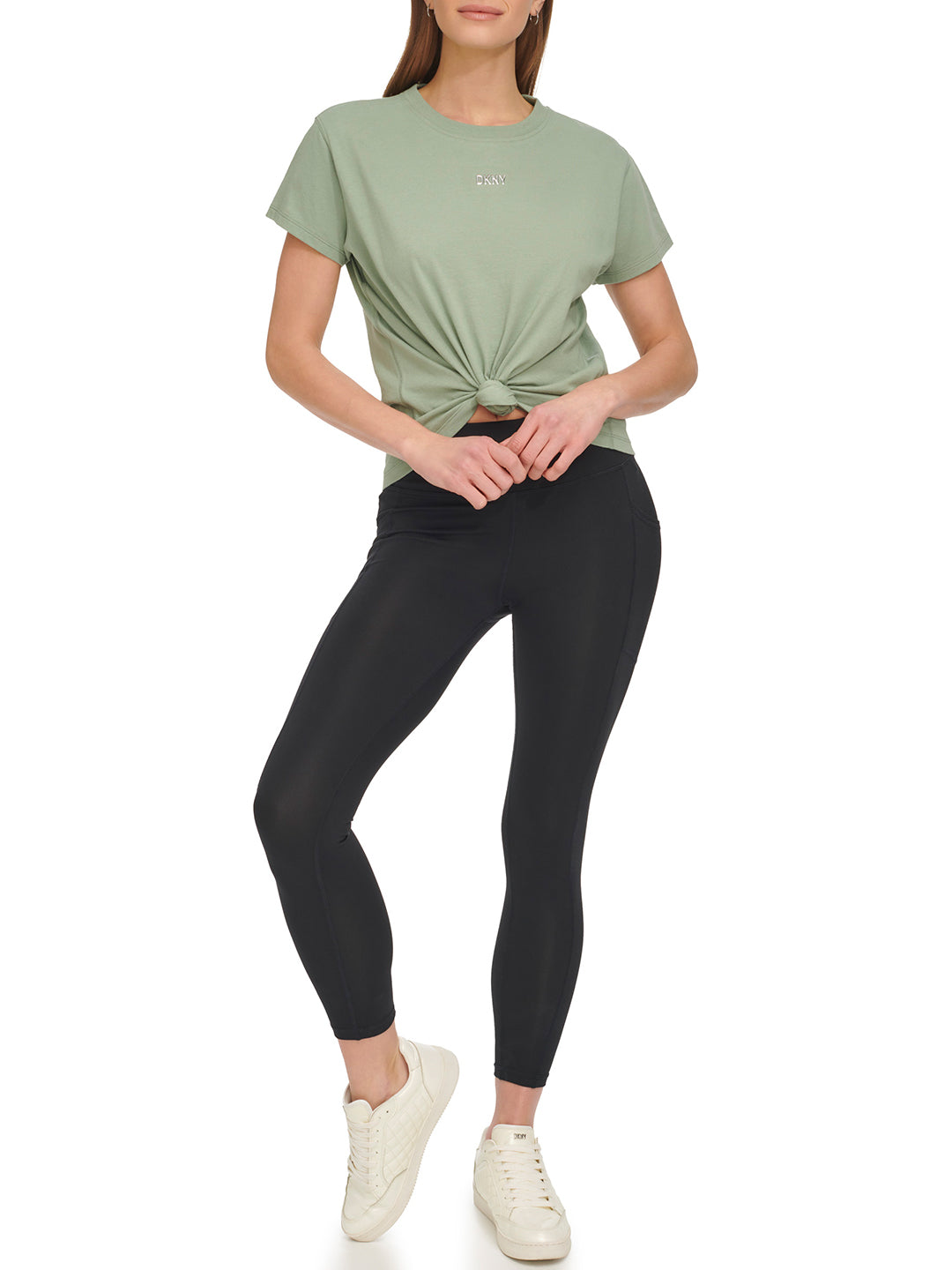Dkny Women Green Solid Round Neck Short Sleeves Tshirt
