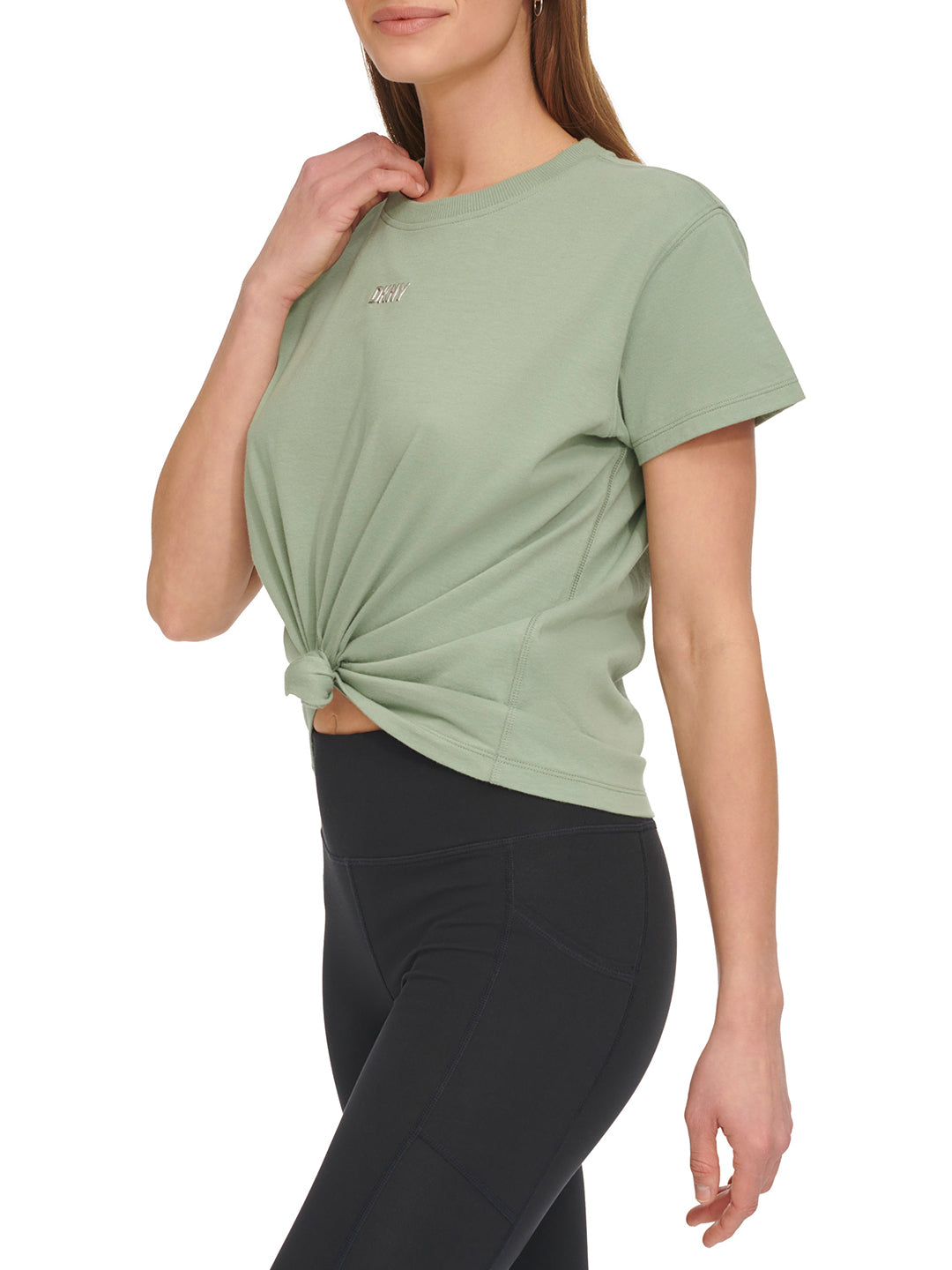 Dkny Women Green Solid Round Neck Short Sleeves Tshirt
