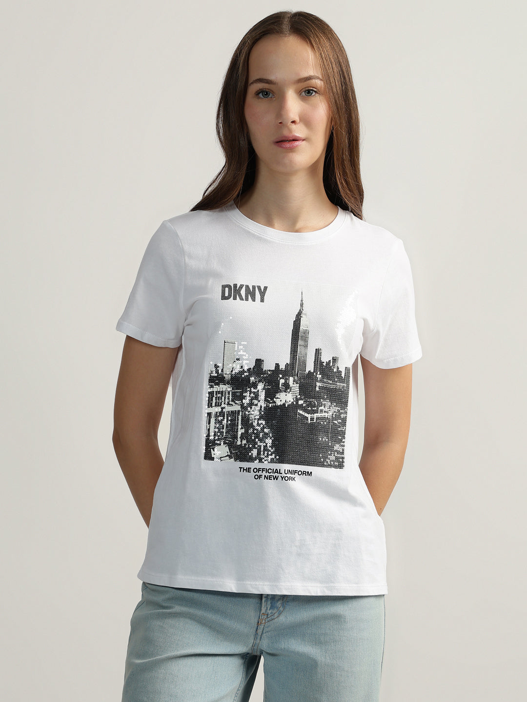 DKNY Women White Embellished Round Neck Short Sleeves Tshirt