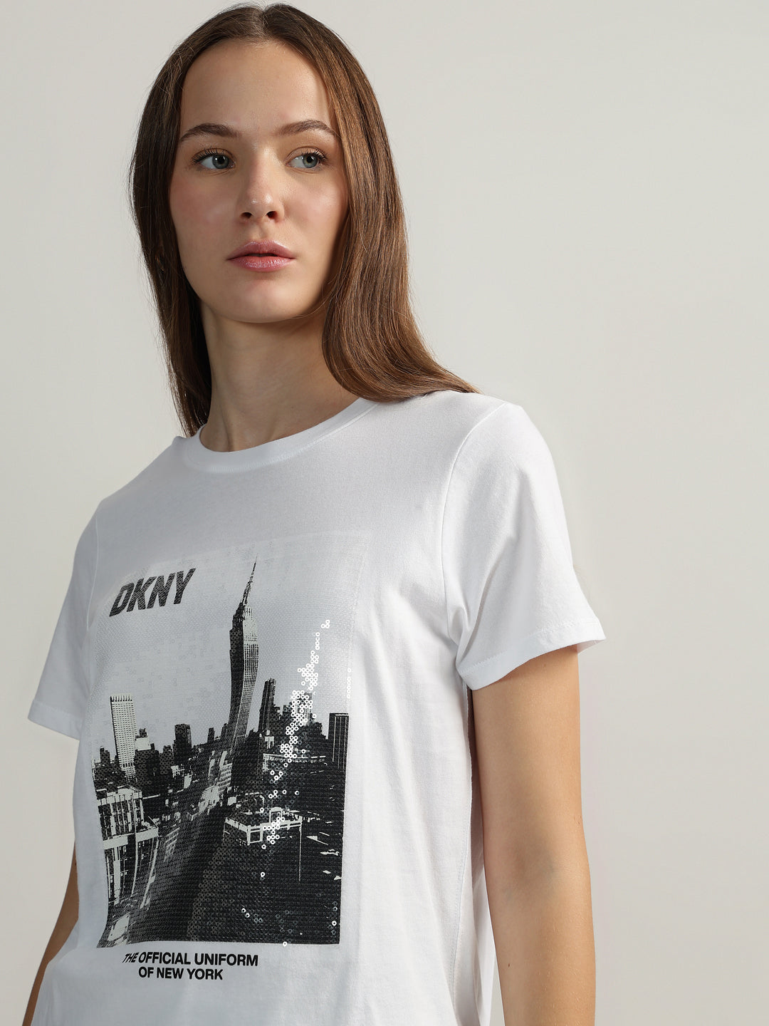 DKNY Women White Embellished Round Neck Short Sleeves Tshirt