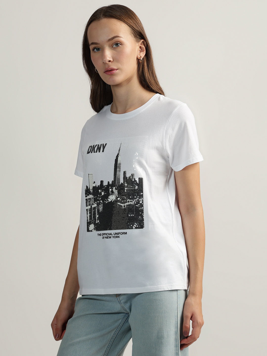 DKNY Women White Embellished Round Neck Short Sleeves Tshirt