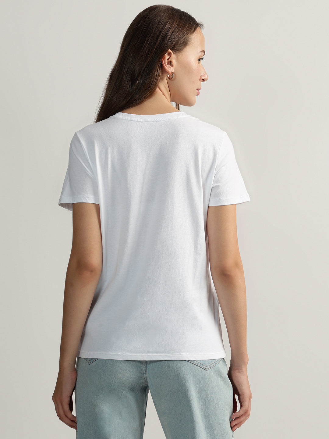DKNY Women White Embellished Round Neck Short Sleeves Tshirt