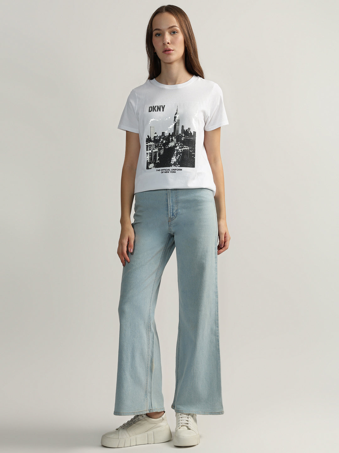 DKNY Women White Embellished Round Neck Short Sleeves Tshirt