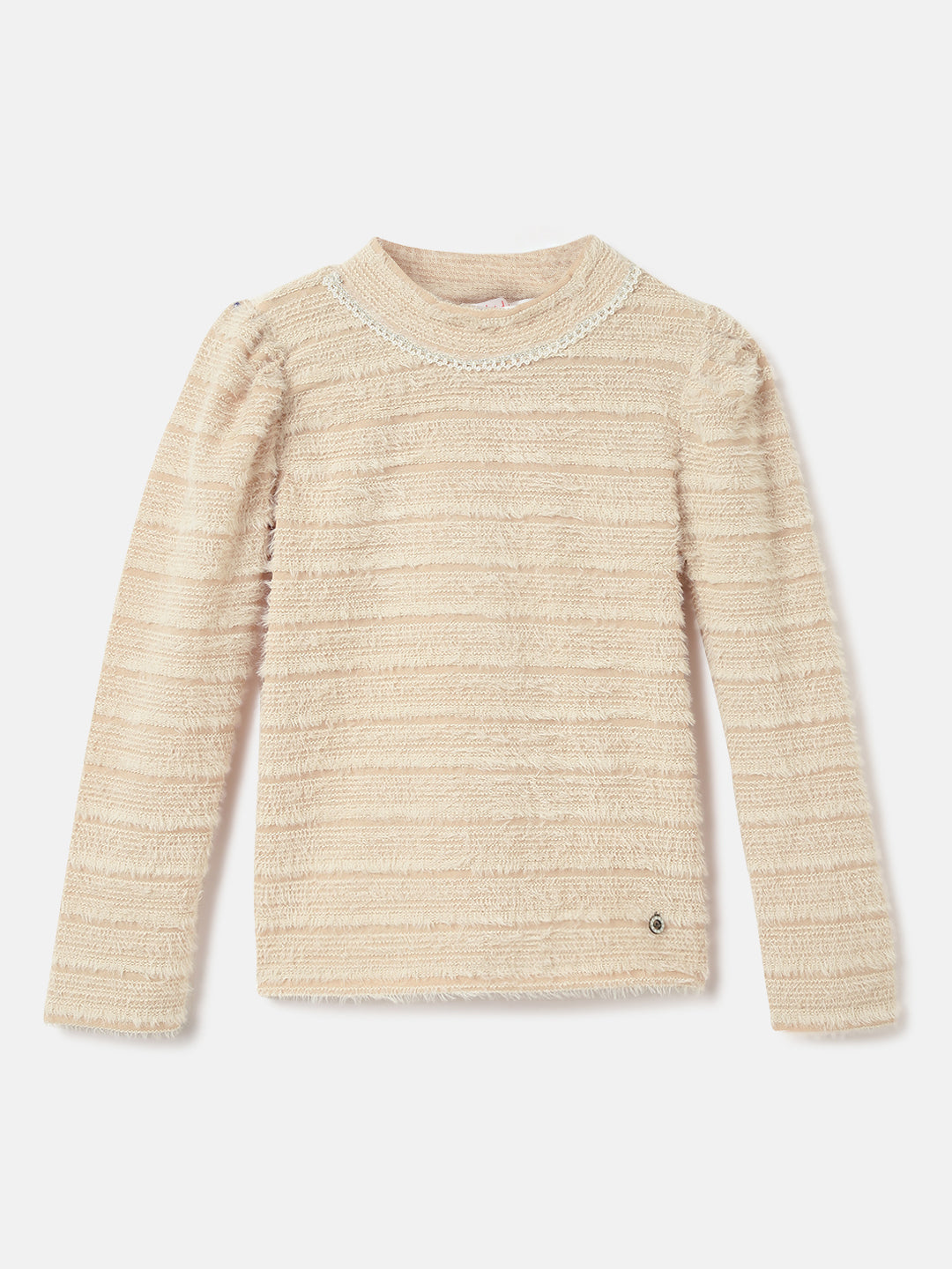 Elle Girls Beige Self-Design Mock Neck Full Sleeves Top