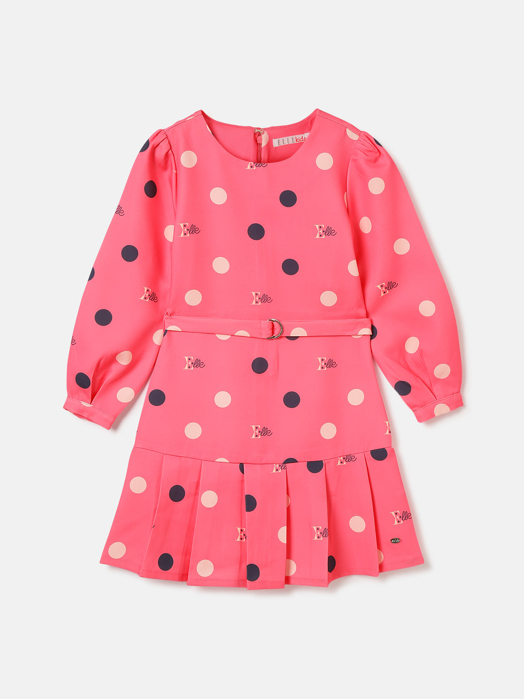Elle Girls Dark Pink Polka Print Round Neck Full Sleeves Pleated A-Line Dress