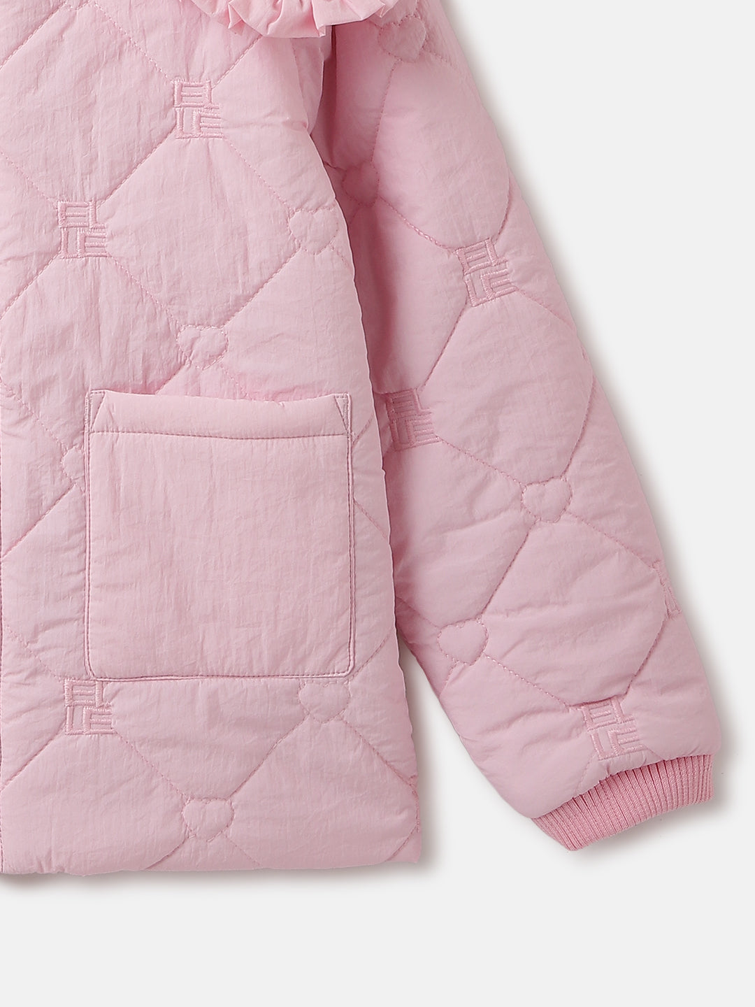 Elle Girls Pink Solid High Neck Full Sleeves Quilted Jacket