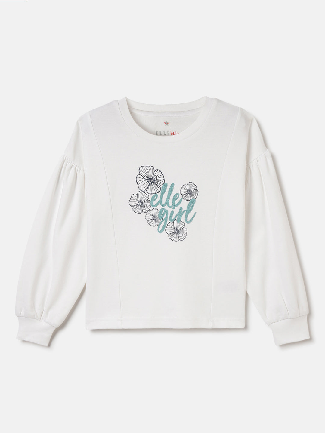 Elle Girls White Solid Round Neck Full Sleeves Tshirt