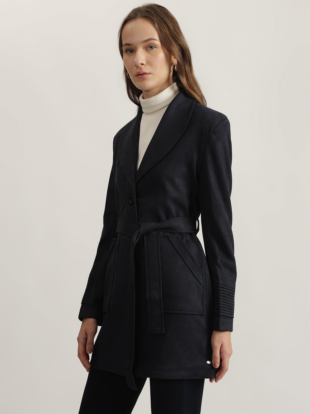 Salco coat ( all season) イタリア製　44 Shop Elle Women Navy Blue Solid Shawl Collar Full Sleeves Coat