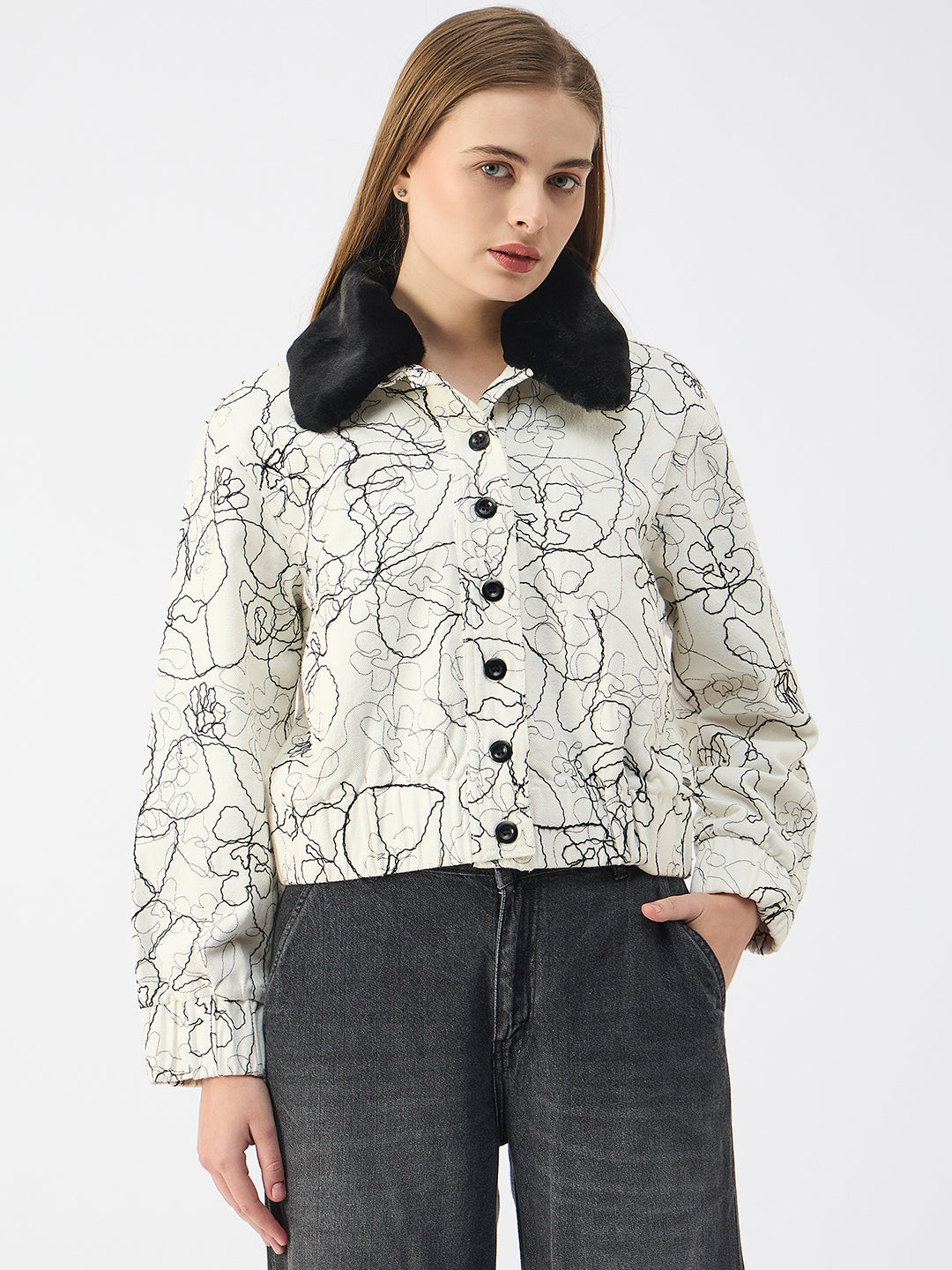 Elle Women White Spread Collar Full Sleeves Jacket