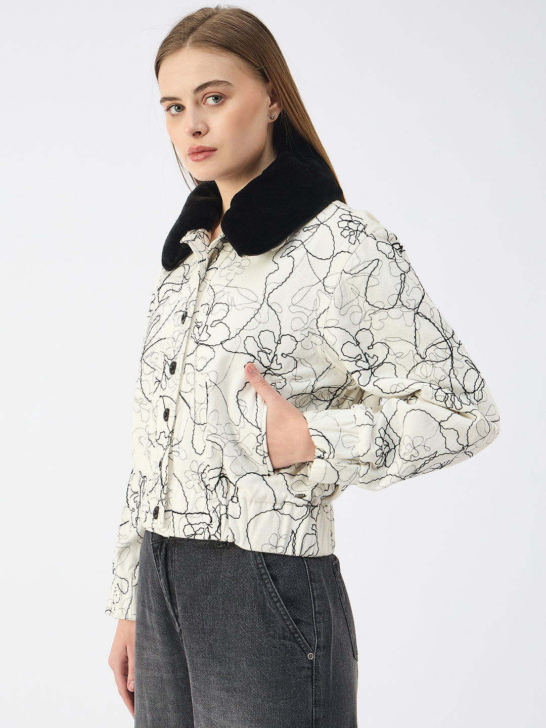 Elle Women White Spread Collar Full Sleeves Jacket