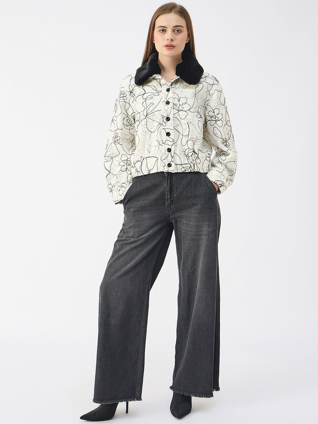 Elle Women White Spread Collar Full Sleeves Jacket