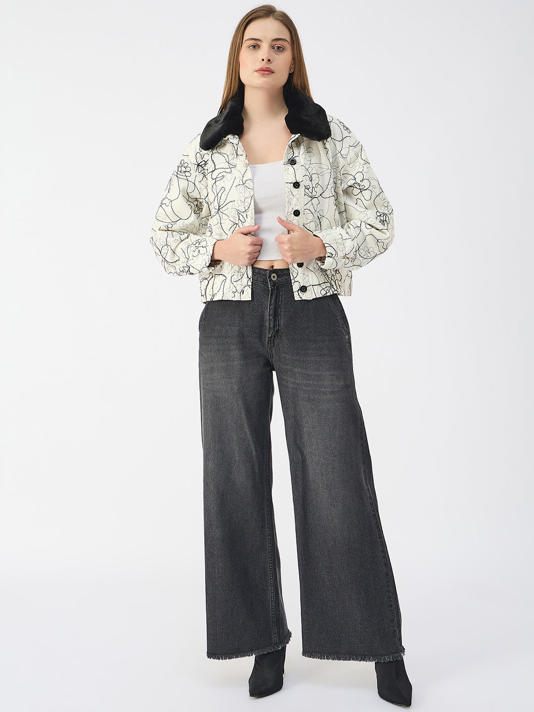 Elle Women White Spread Collar Full Sleeves Jacket