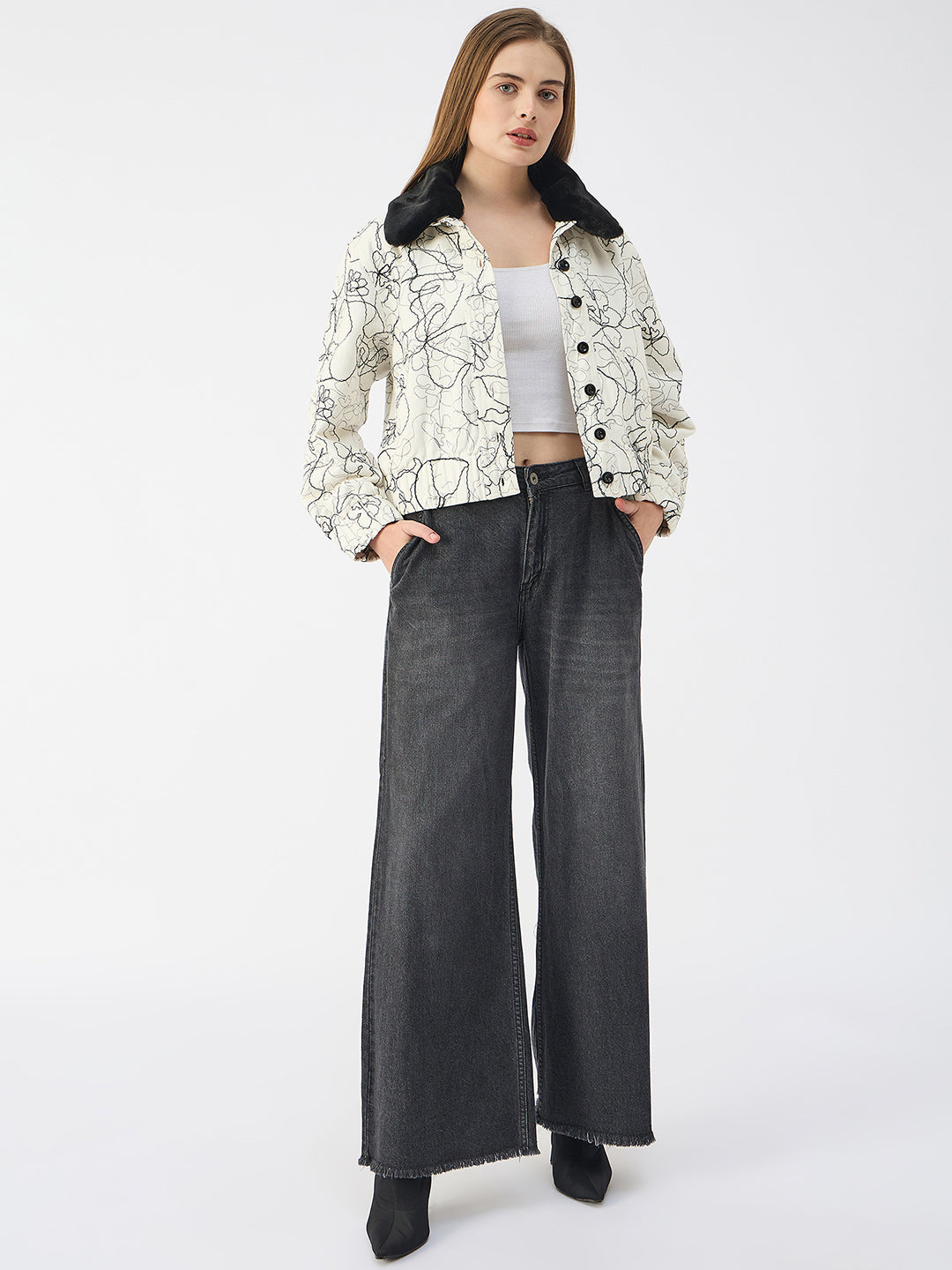 Elle Women White Spread Collar Full Sleeves Jacket