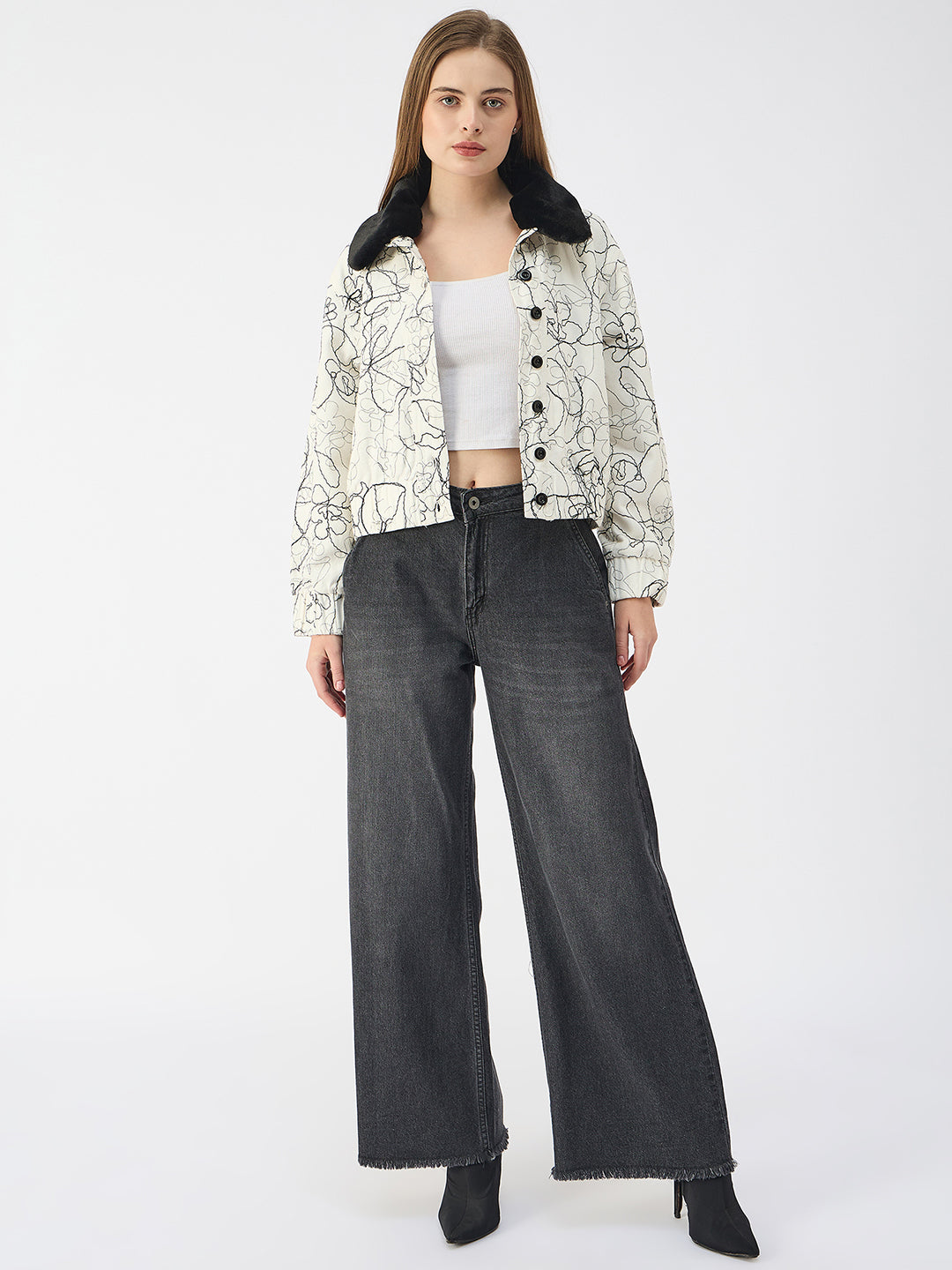 Elle Women White Spread Collar Full Sleeves Jacket