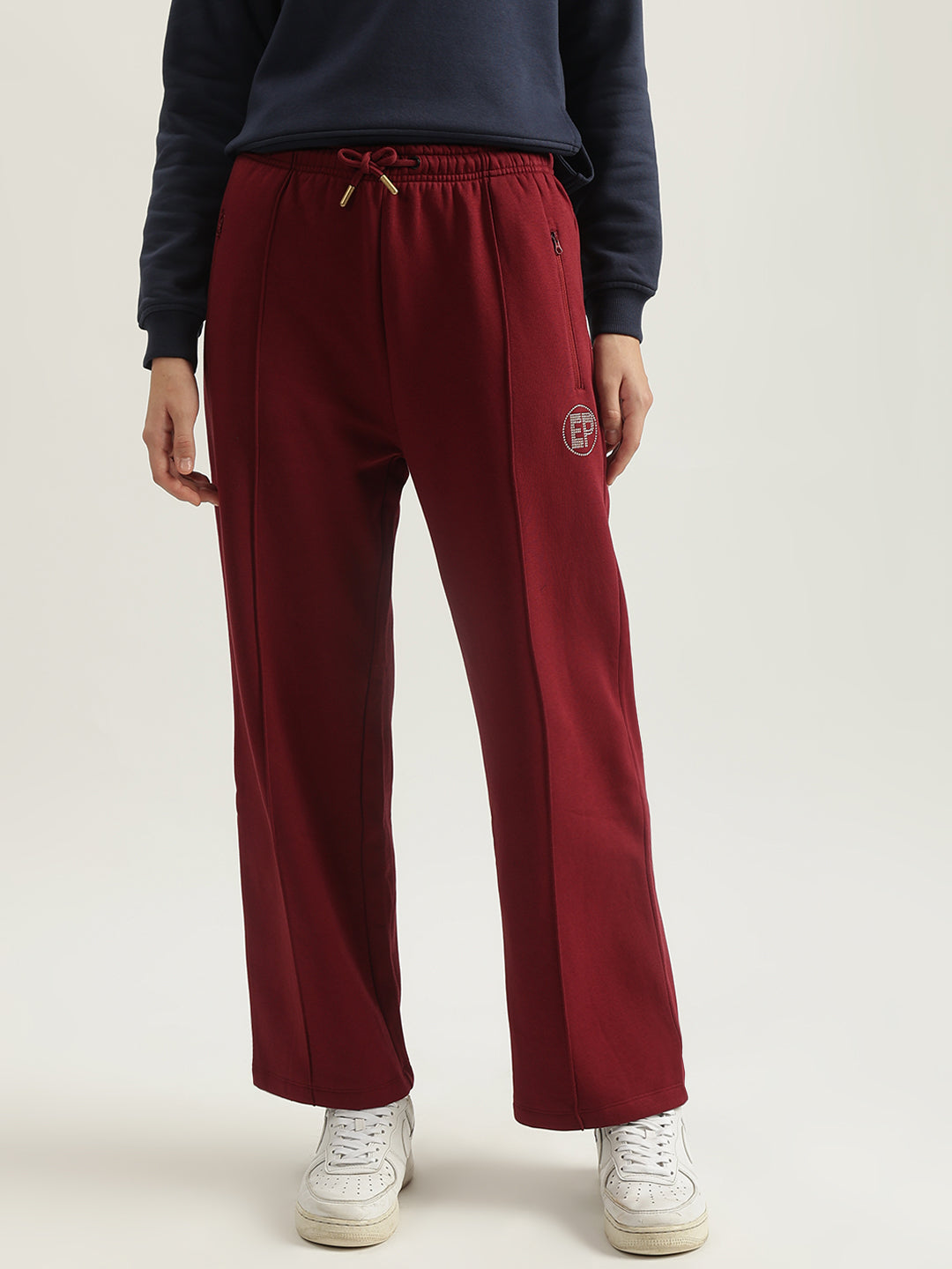 Elle Women Red Solid Straight Fit Mid-Rise Track Pants