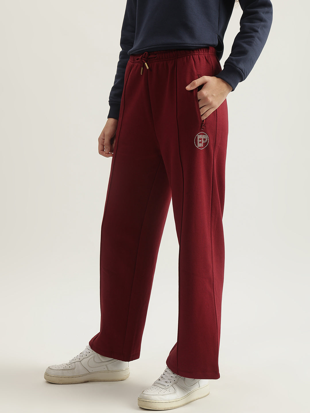 Elle Women Red Solid Straight Fit Mid-Rise Track Pants