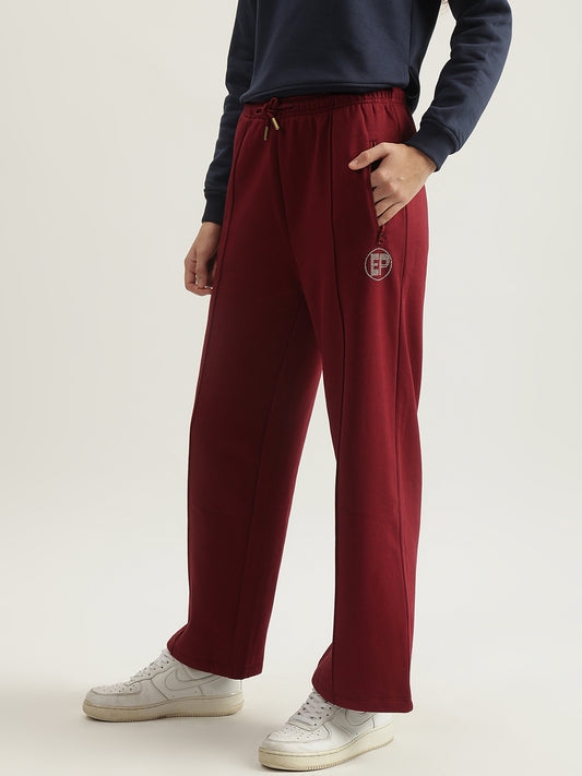 Elle Women Red Solid Straight Fit Mid-Rise Track Pants