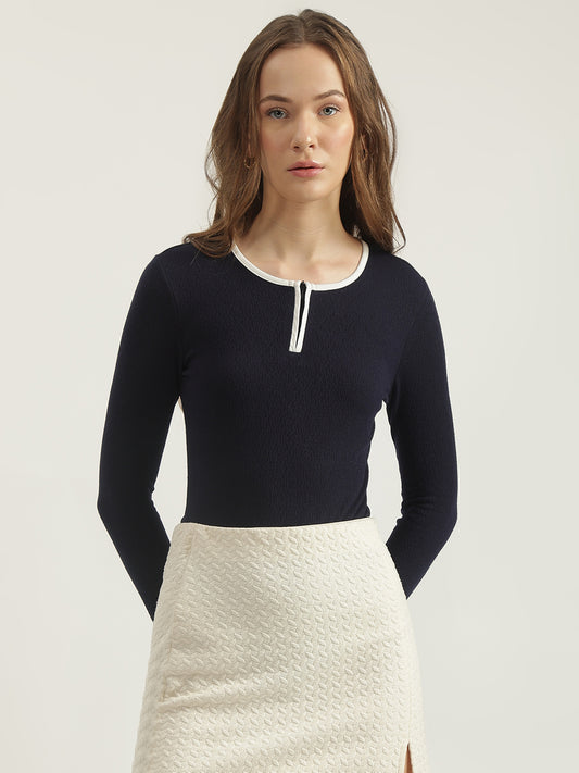 Elle Women Navy Solid Round Neck Full Sleeves Tshirt