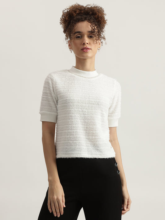 Elle Women White Solid High Neck Short Sleeves Tshirt