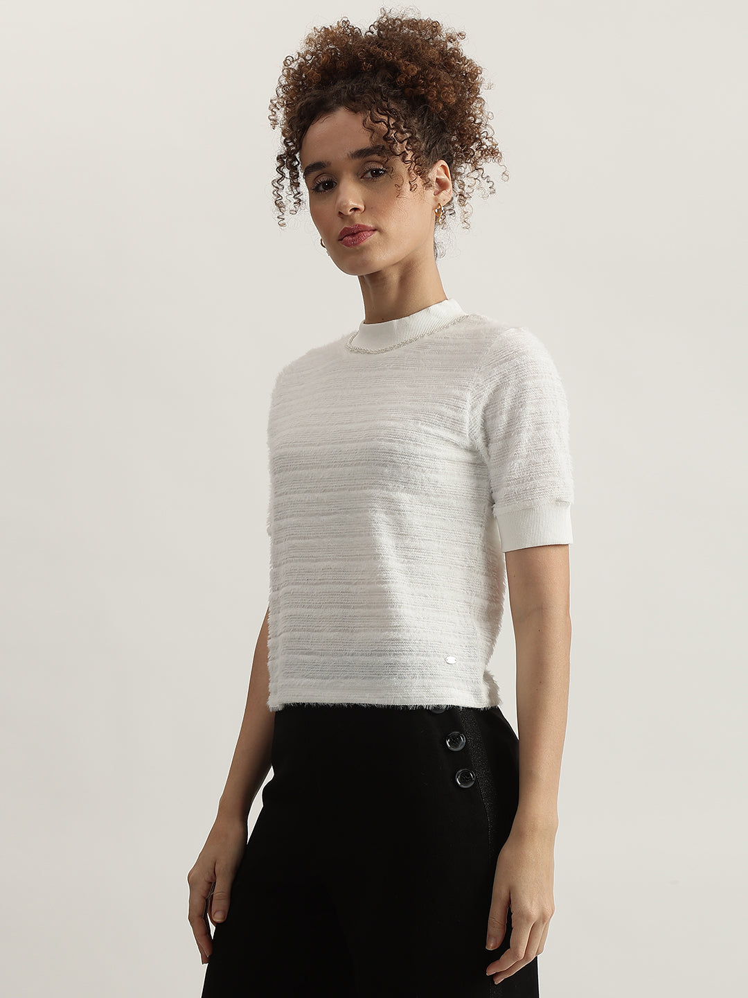 Elle Women White Solid High Neck Short Sleeves Tshirt