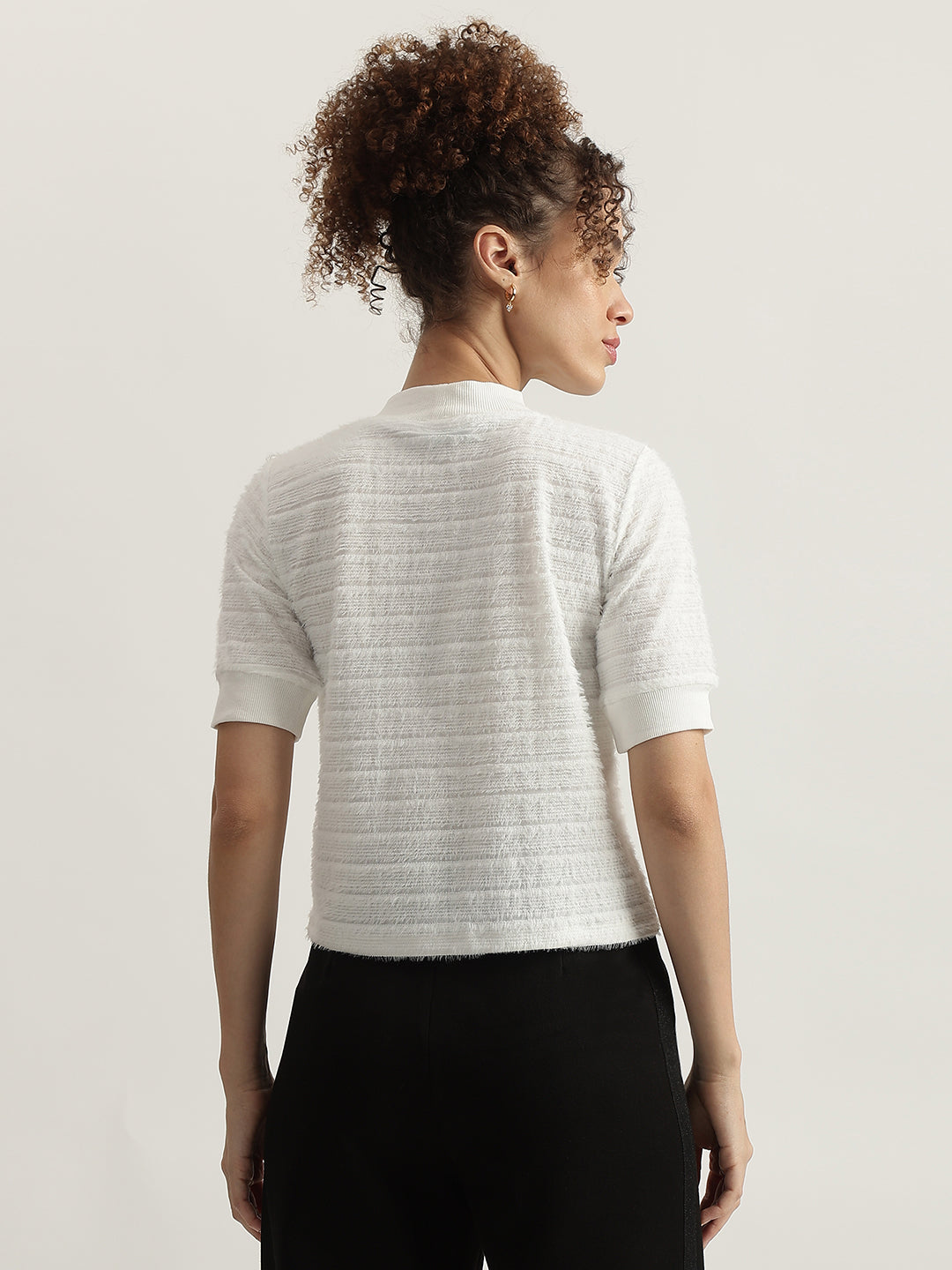 Elle Women White Solid High Neck Short Sleeves Tshirt