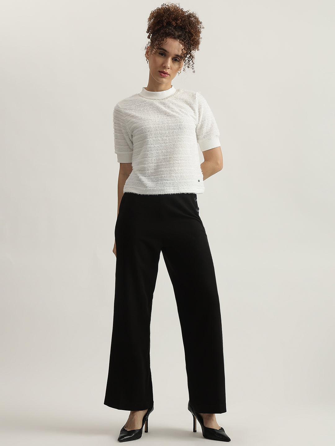 Elle Women White Solid High Neck Short Sleeves Tshirt