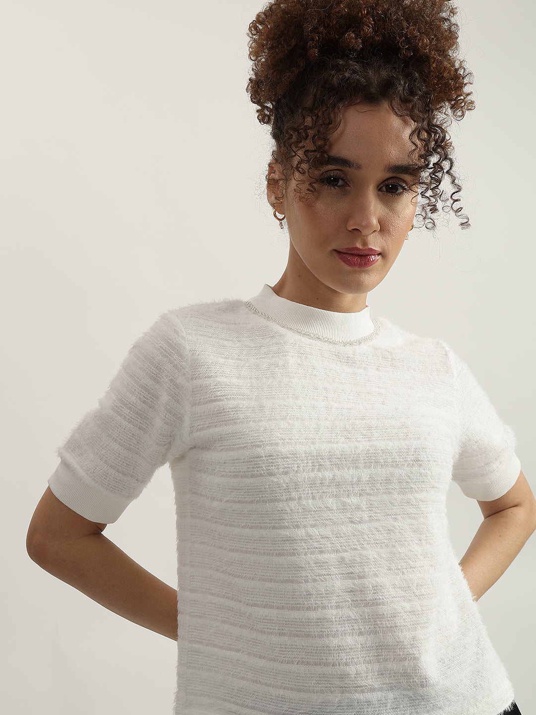 Elle Women White Solid High Neck Short Sleeves Tshirt