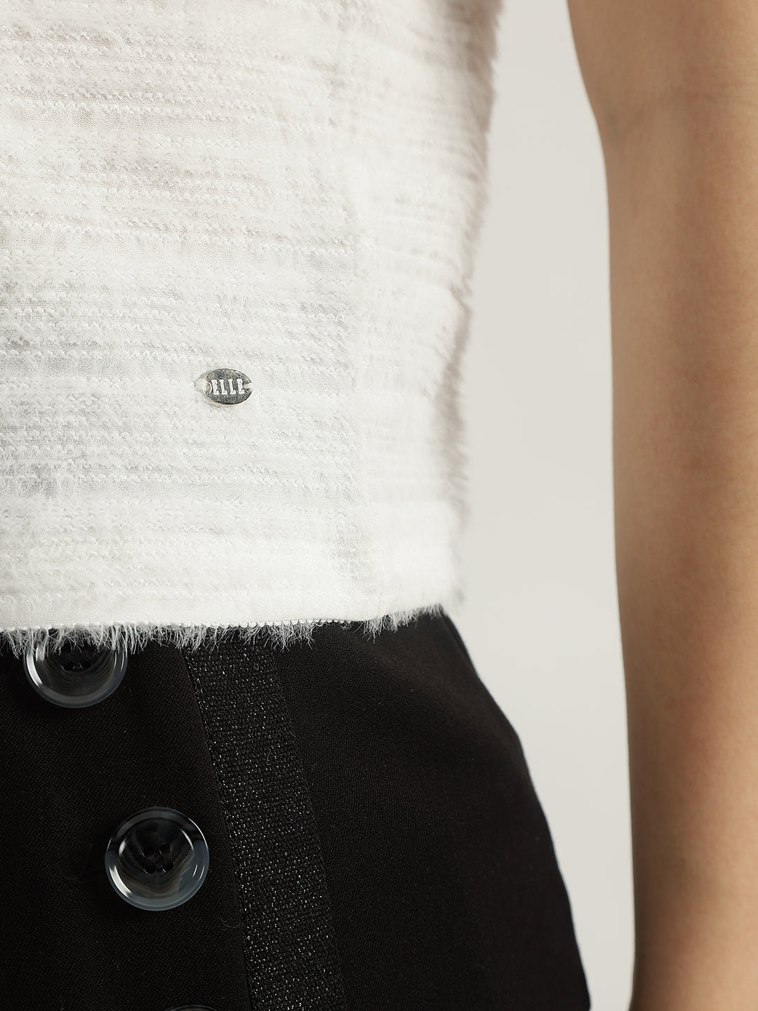 Elle Women White Solid High Neck Short Sleeves Tshirt