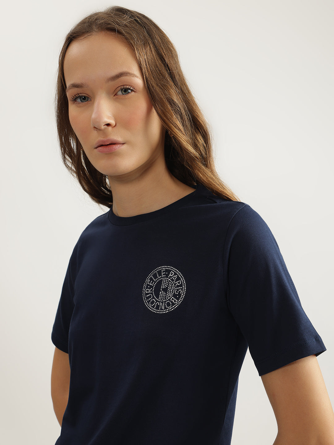 Elle Women Navy Blue Solid Round Neck Short Sleeves Tshirt