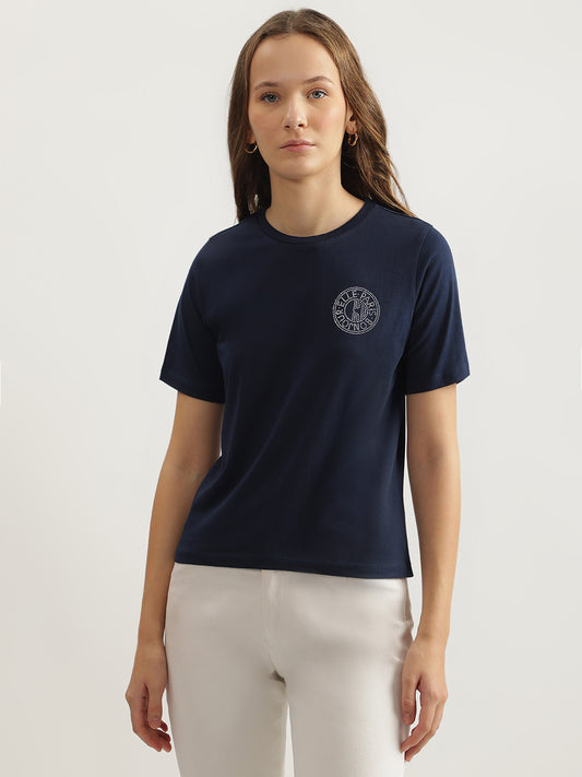 Elle Women Navy Blue Solid Round Neck Short Sleeves Tshirt
