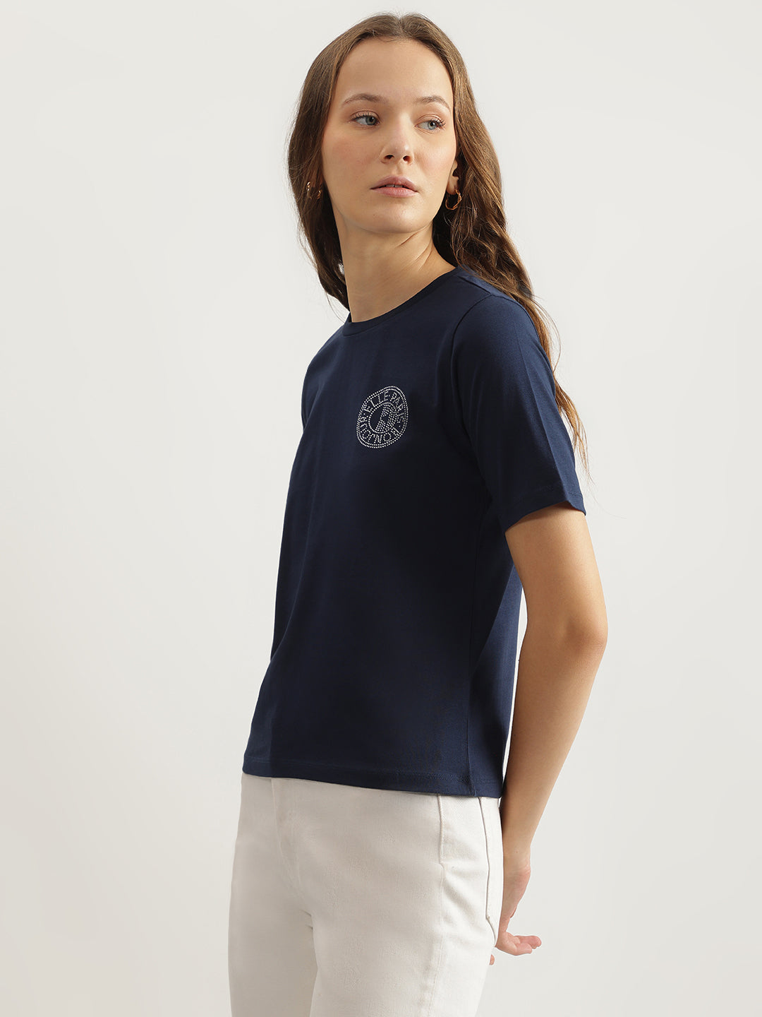 Elle Women Navy Blue Solid Round Neck Short Sleeves Tshirt