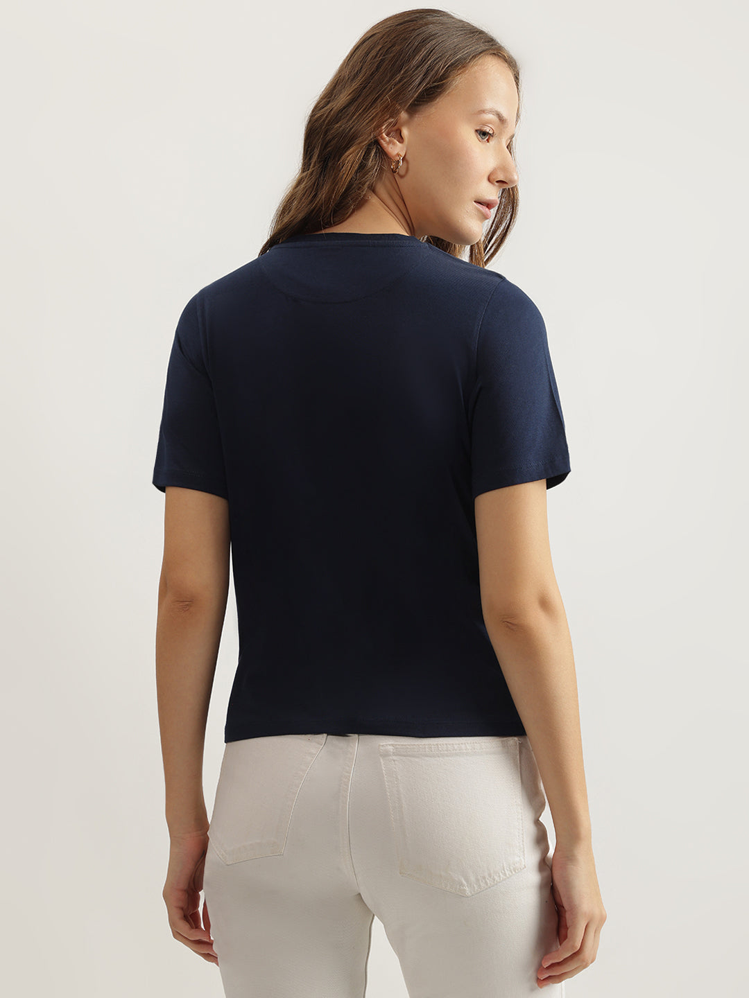 Elle Women Navy Blue Solid Round Neck Short Sleeves Tshirt