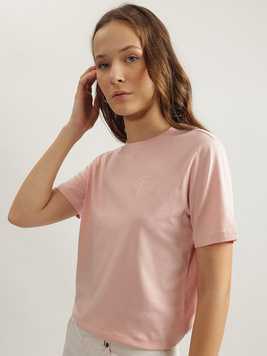 Elle Women Pink Solid Round Neck Short Sleeves Tshirt