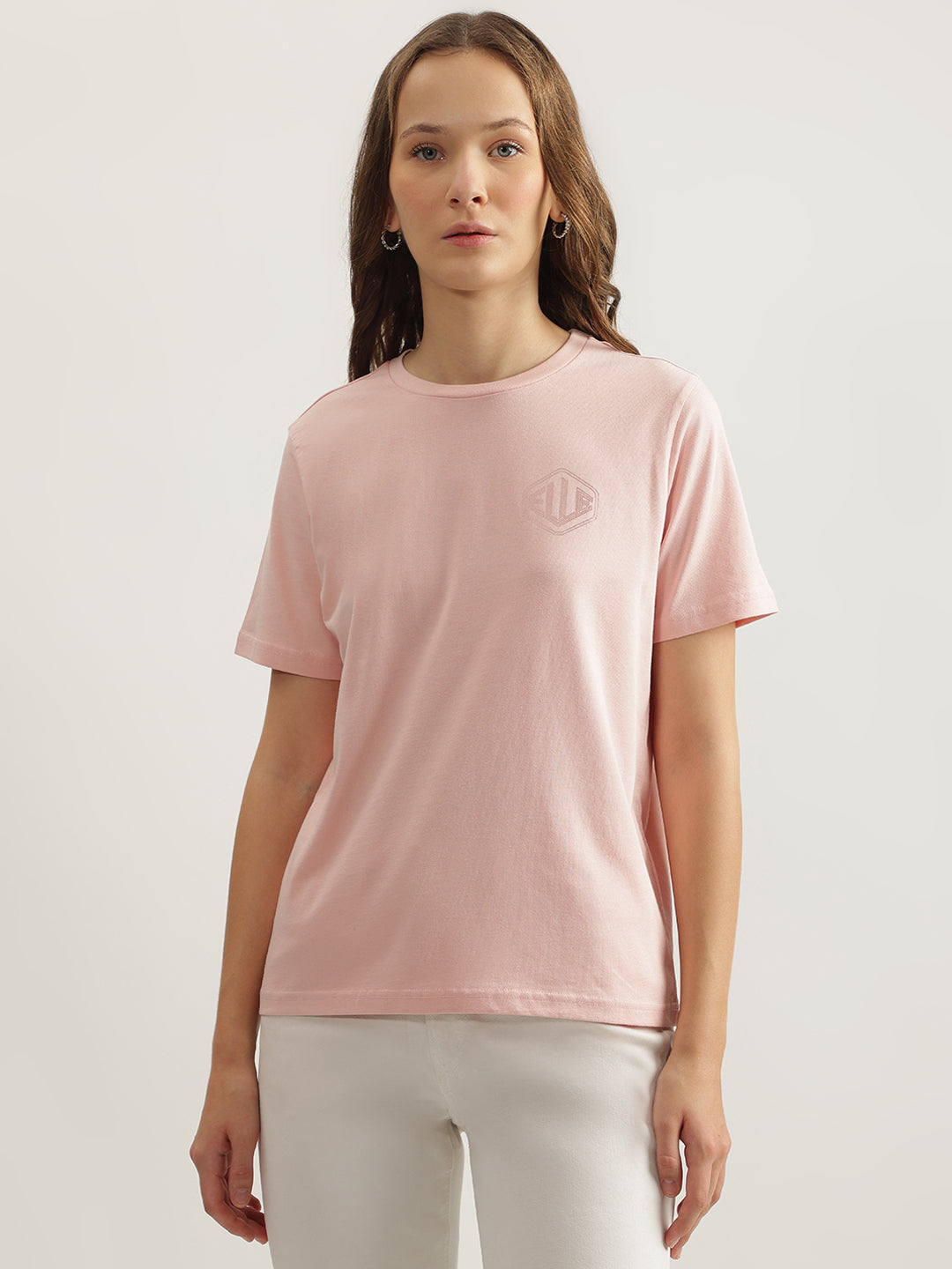 Elle Women Pink Solid Round Neck Short Sleeves Tshirt