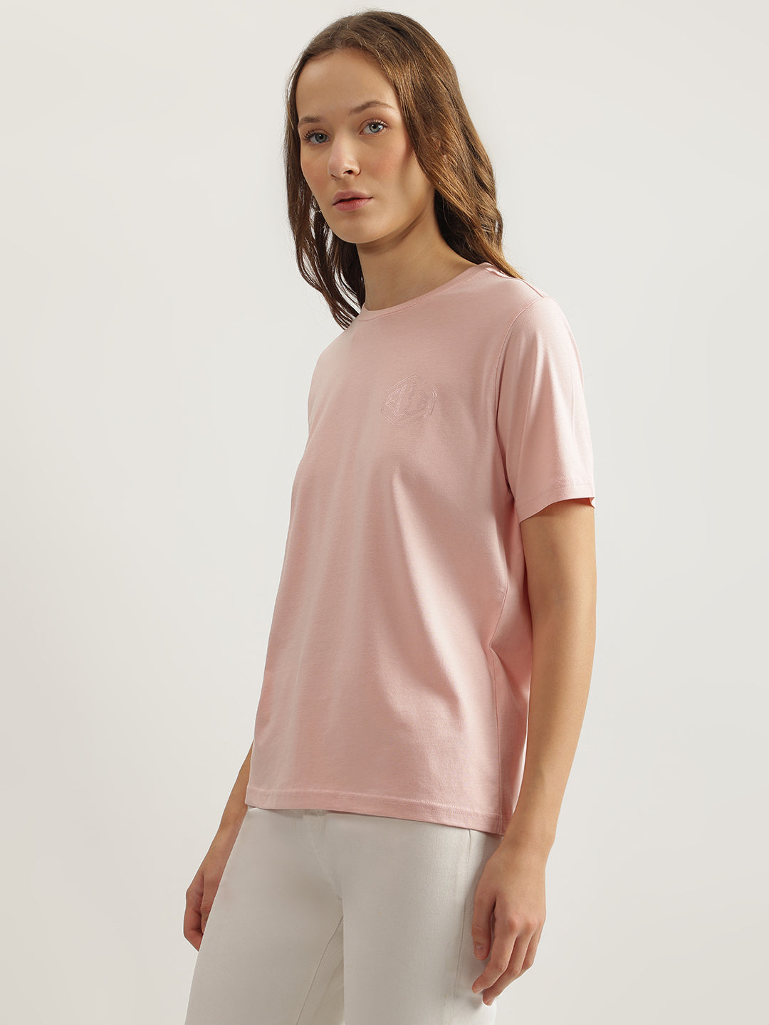 Elle Women Pink Solid Round Neck Short Sleeves Tshirt